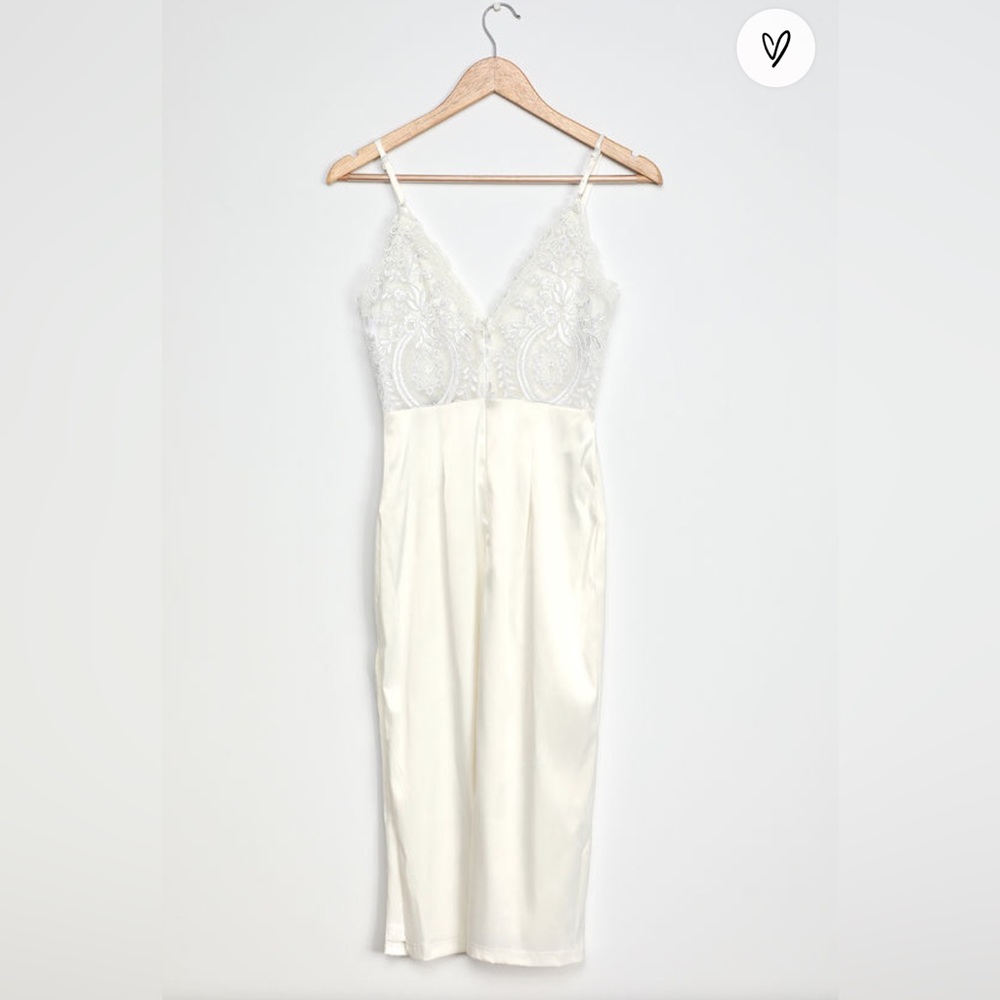 Stunning Sight White Embroidered Lace Satin Midi Dress - Picture 6 of 7